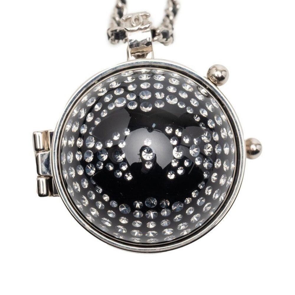 Chanel CC Logo Rhinestone Mirror Metal Leather Necklace Silver